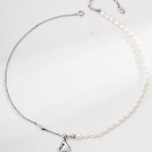 Asymmetrical Geometric Sterling Silver Pearl Necklace