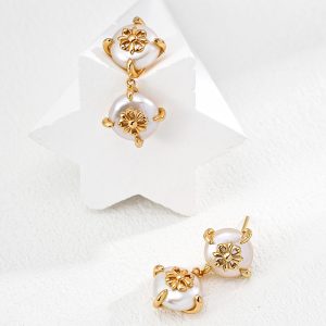 Golden Blossom Double Pearl Drop Earrings